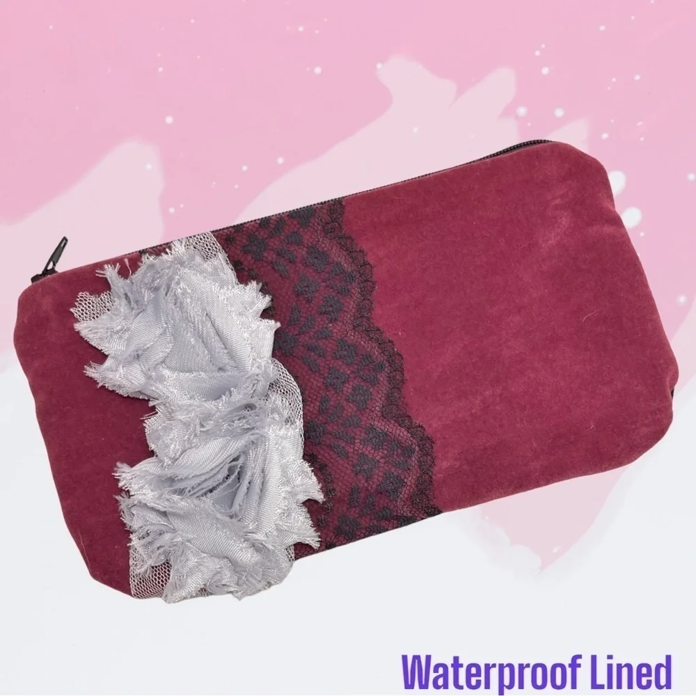 Waterproof Make Up Bag Maroon Velvet W/ Lace